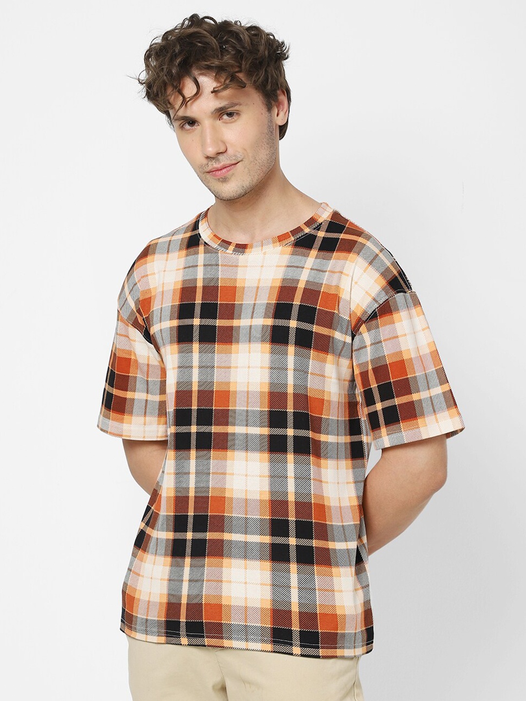 

VASTRADO Checked Round Neck Oversized Cotton T-shirt, Black