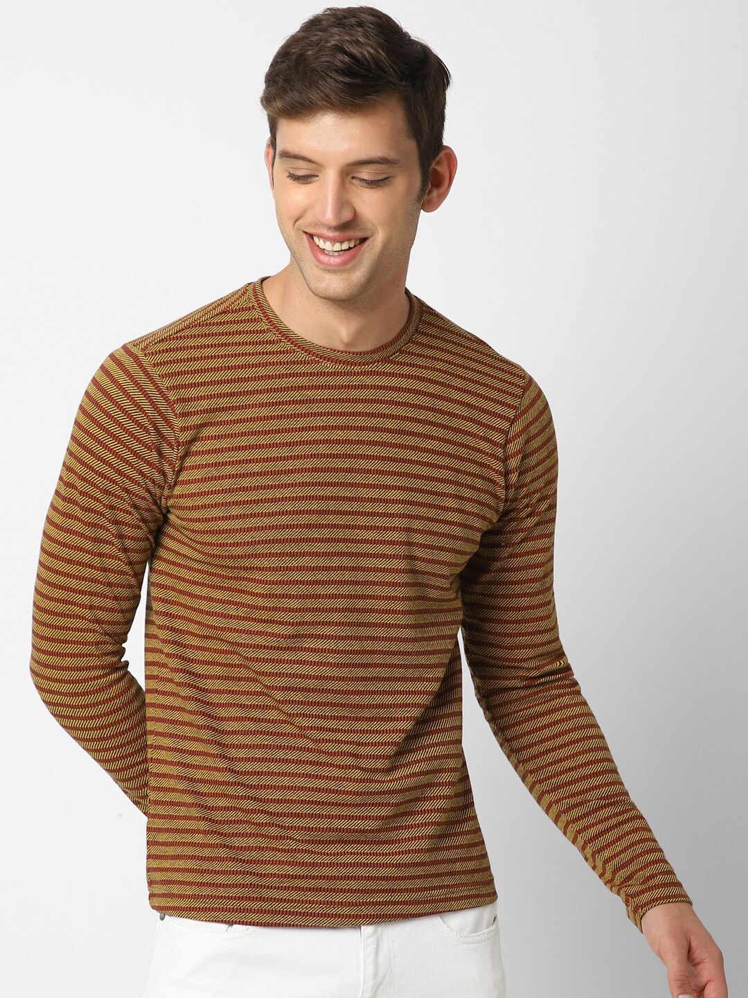 

VASTRADO Striped Long Sleeves Cotton T-shirt, Brown