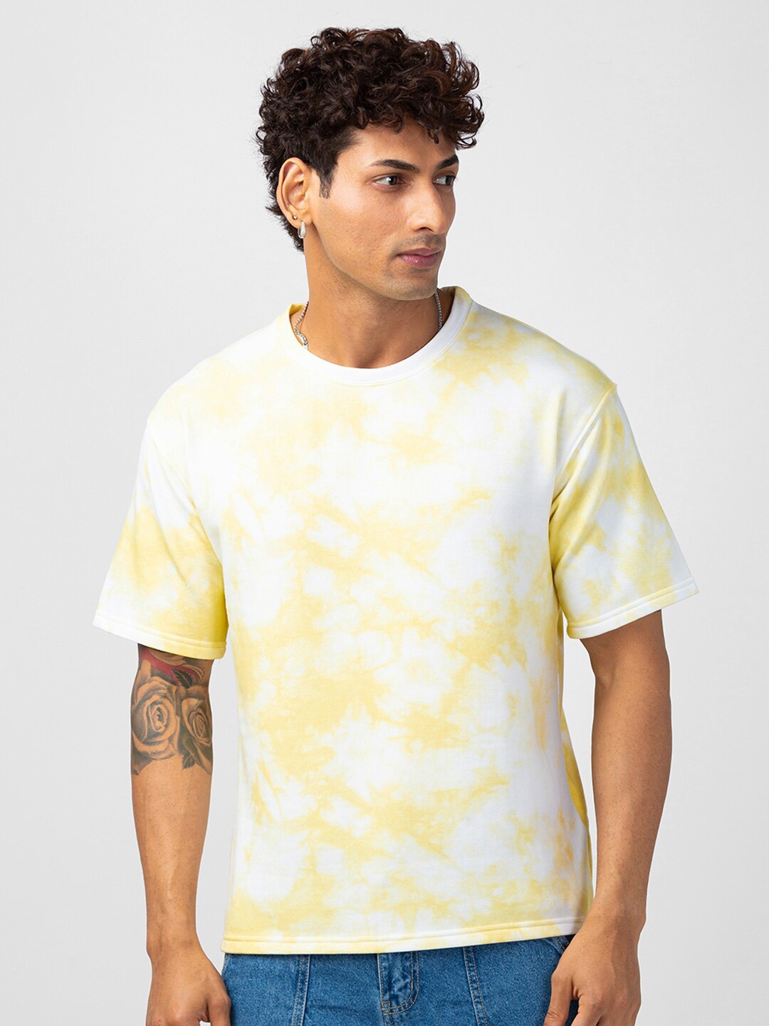 

VASTRADO Tie-Dye Round Neck Oversized Fit Cotton Casual T-Shirt, Yellow