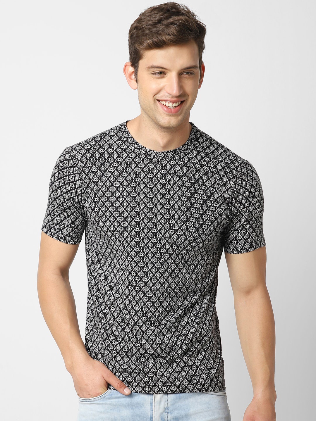 

VASTRADO Floral Printed Cotton T-shirt, Black