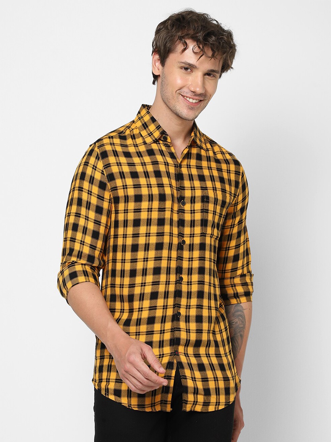 

VASTRADO Checked Cotton Casual Shirt, Yellow