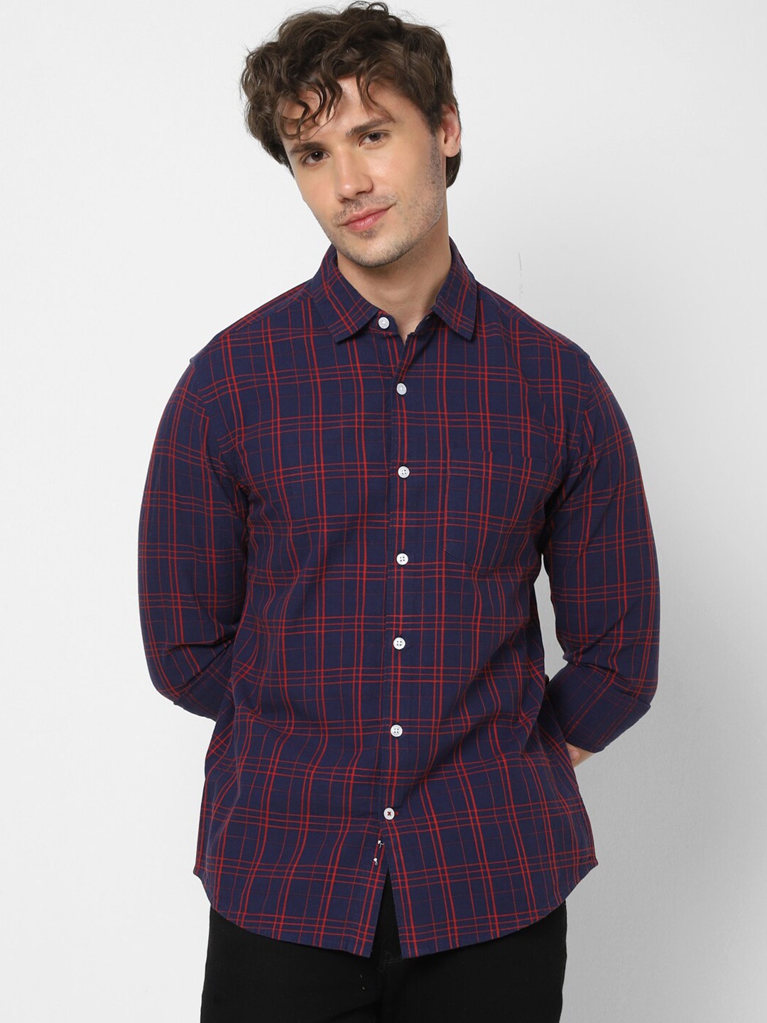 

VASTRADO Checked Spread Collar Cotton Shirt, Navy blue
