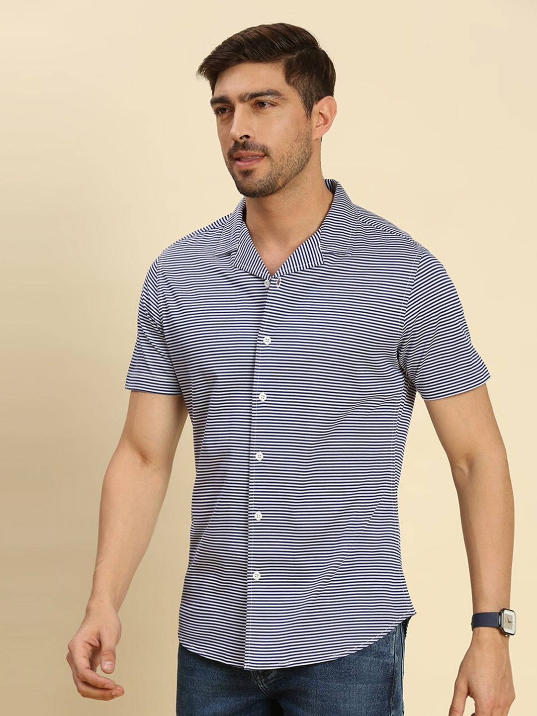 

Moda Rapido Classic Horizontal Striped Cuban Collar Cotton Shirt, Navy blue
