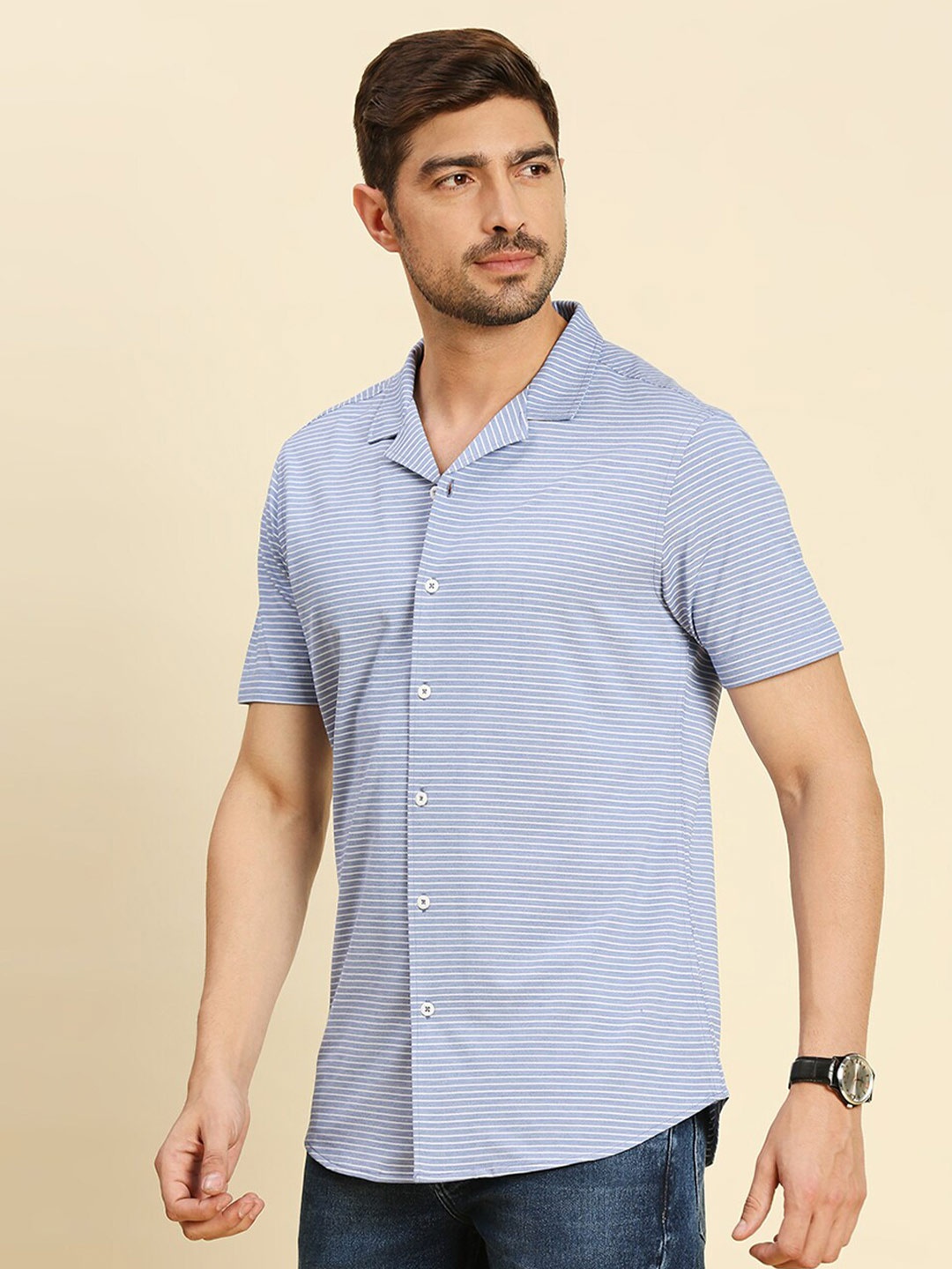 

Moda Rapido Blue Classic Slim Fit Striped Lapel Cotton Casual Shirt