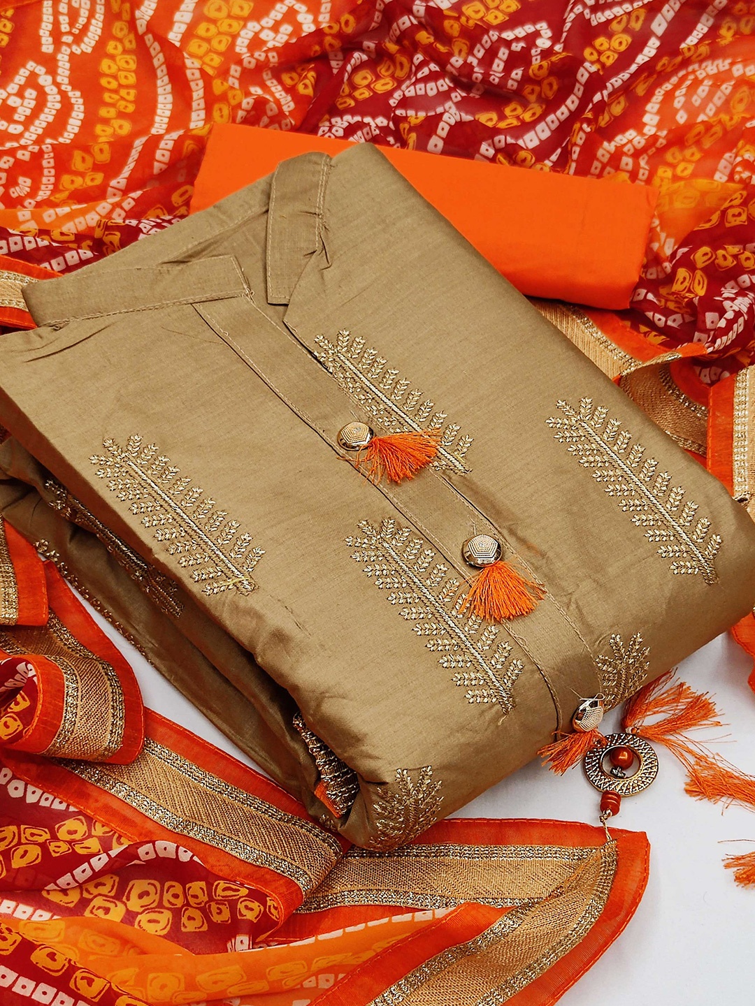 

KALINI Embroidered Unstitched Dress Material, Beige