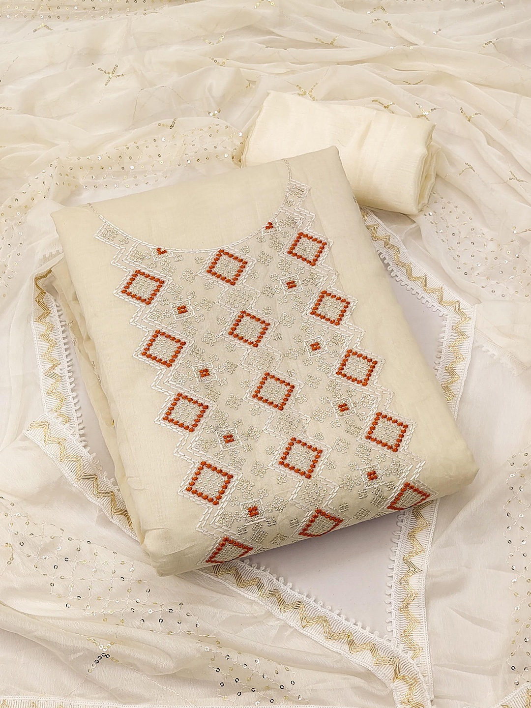 

KALINI Embroidered Unstitched Dress Material, Beige