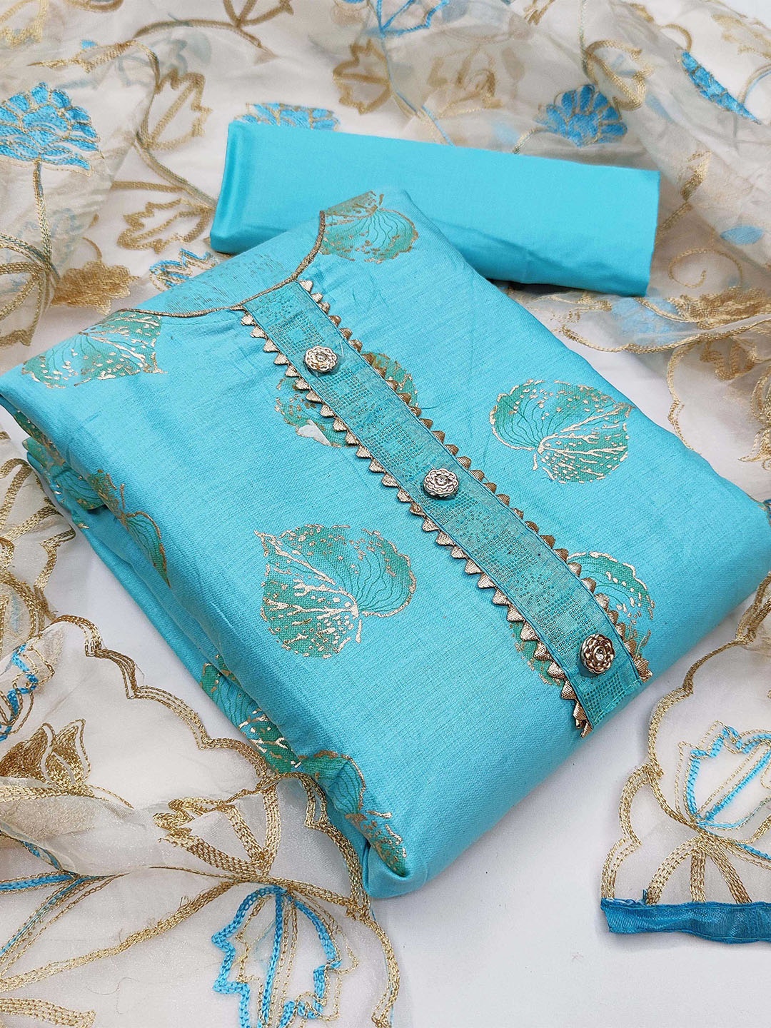 

KALINI Printed Gotta Patti Unstitched Dress Material, Blue