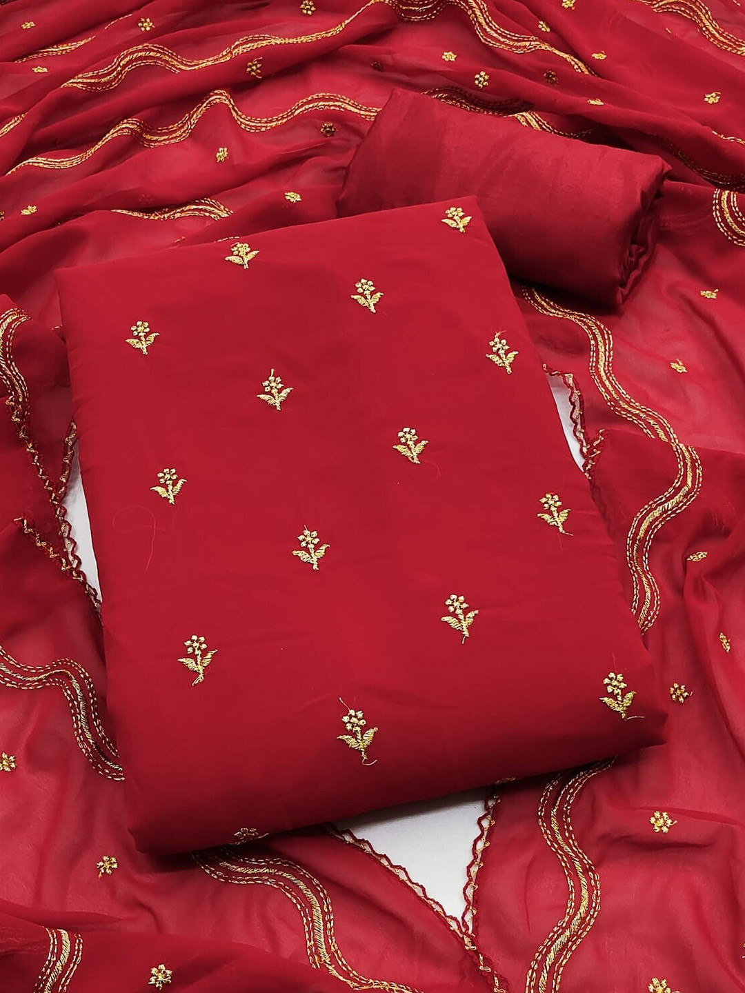 

KALINI Embroidered Silk Georgette Unstitched Dress Material, Red