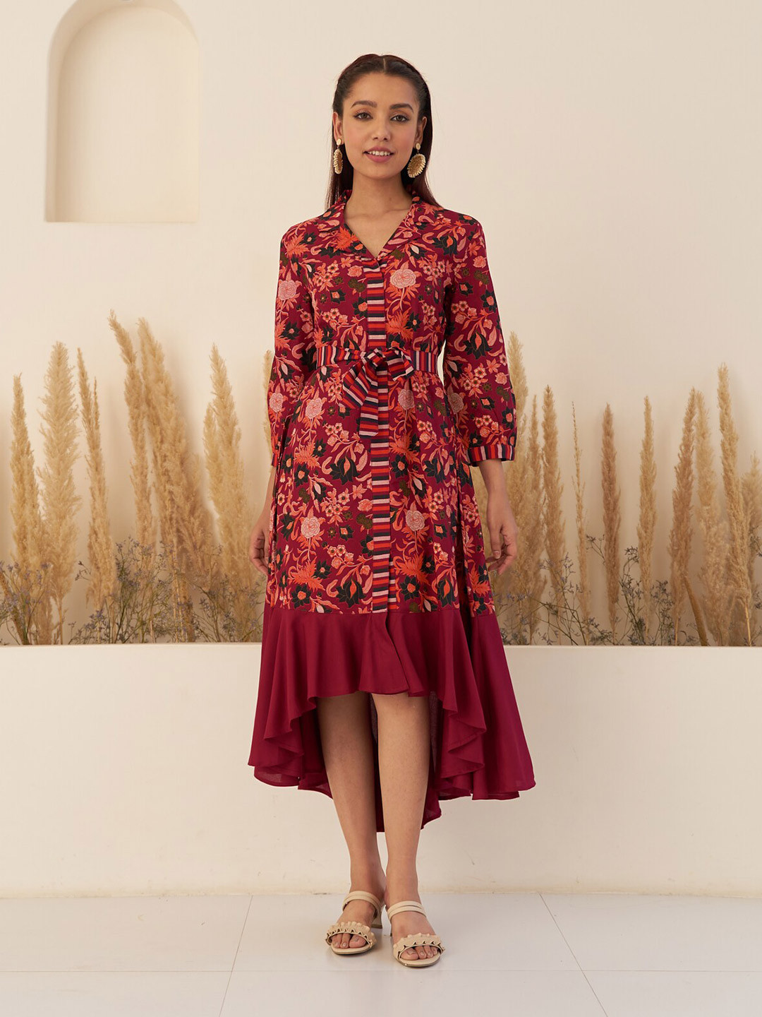 

Rustorange Floral Printed A-Line High-Low Midi Ethnic Dress, Maroon