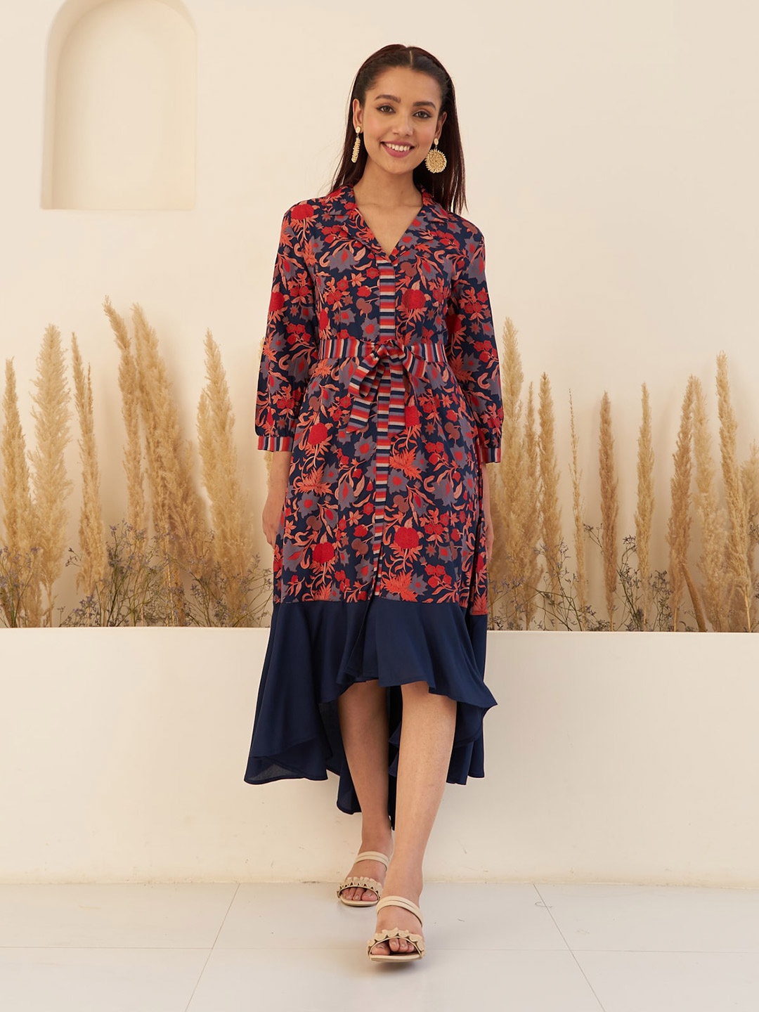 

Rustorange Floral Printed A-Line High-Low Midi Ethnic Dress, Blue