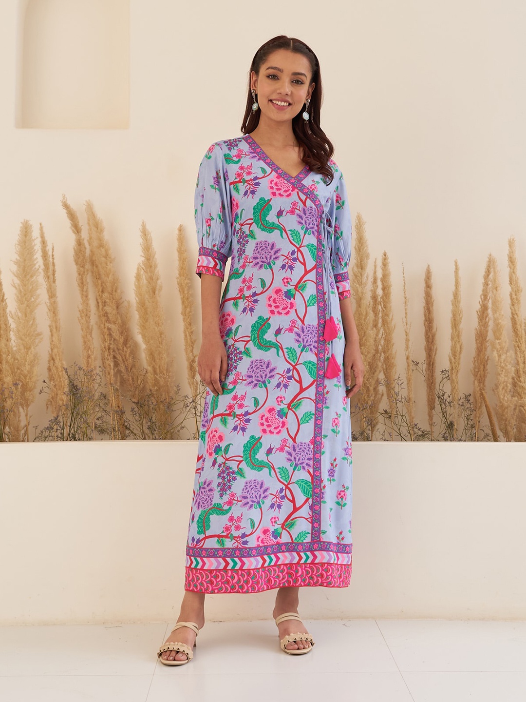 

Rustorange Floral Printed Cuffed Sleeves Wrap Maxi Ethnic Dress, Lavender