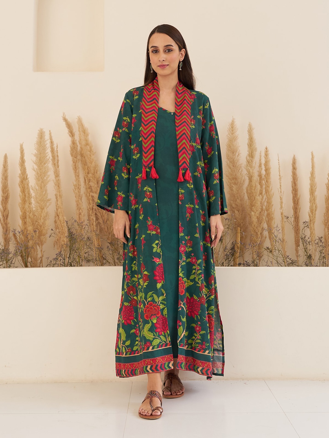 

Rustorange Shoulder Strap A-Line Maxi Ethnic Dress With Long Shrug, Teal