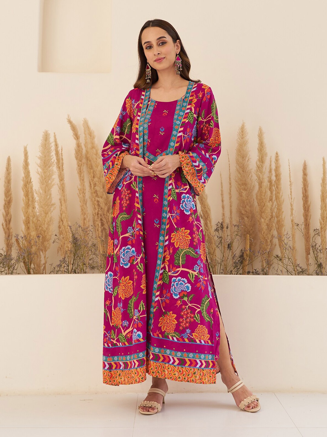 

Rustorange Floral Printed A-line Maxi Dress With Long Shrug, Maroon