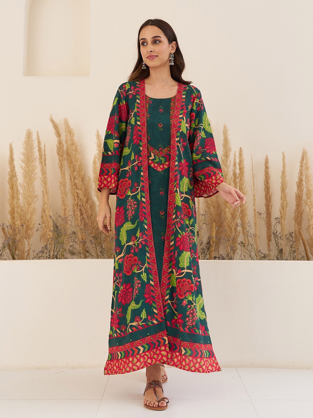 

Rustorange Floral Printed A-line Maxi Dress With Long Shrug, Green