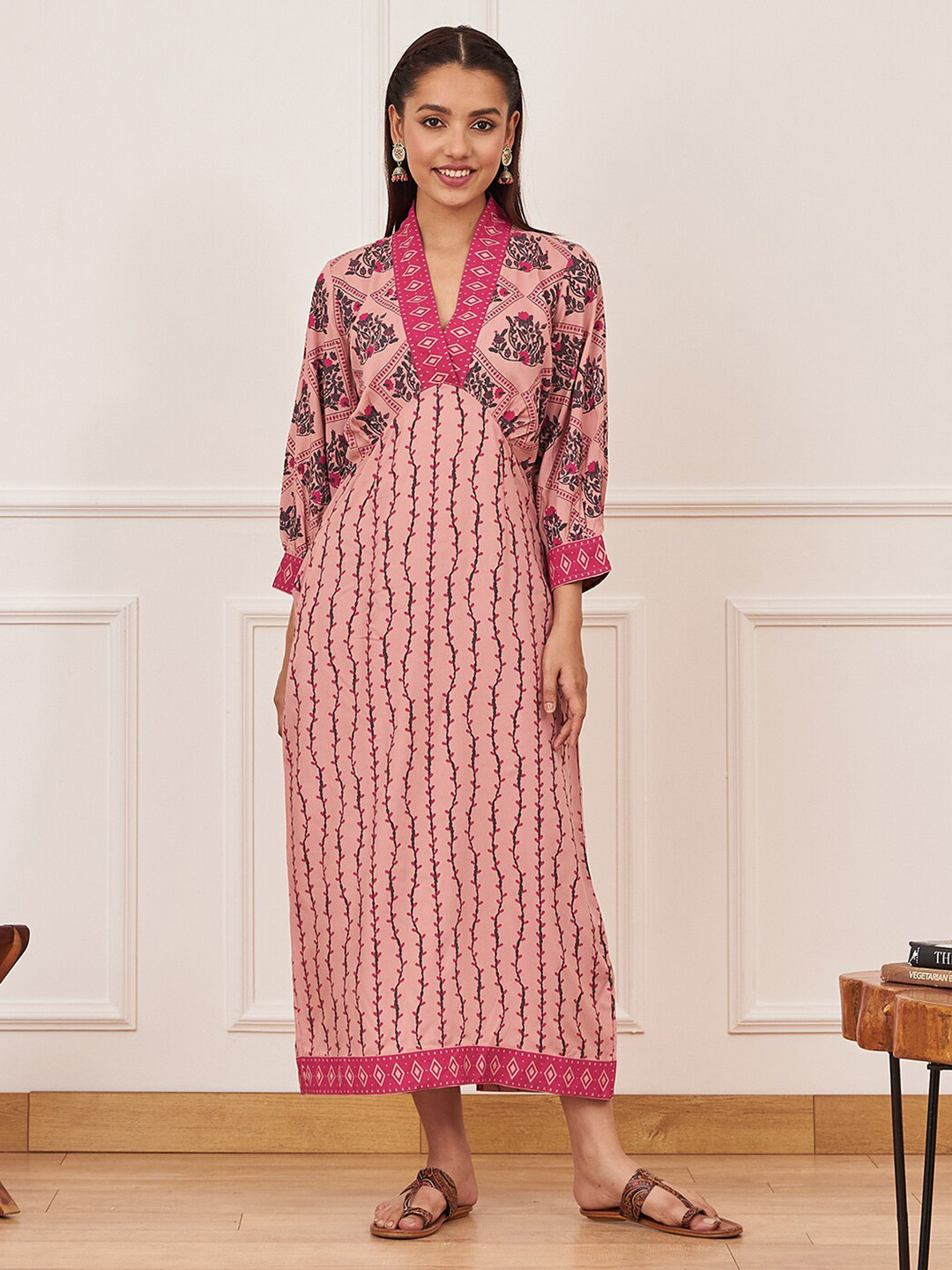 

Rustorange Printed V-Neck A-line Midi Dress, Pink