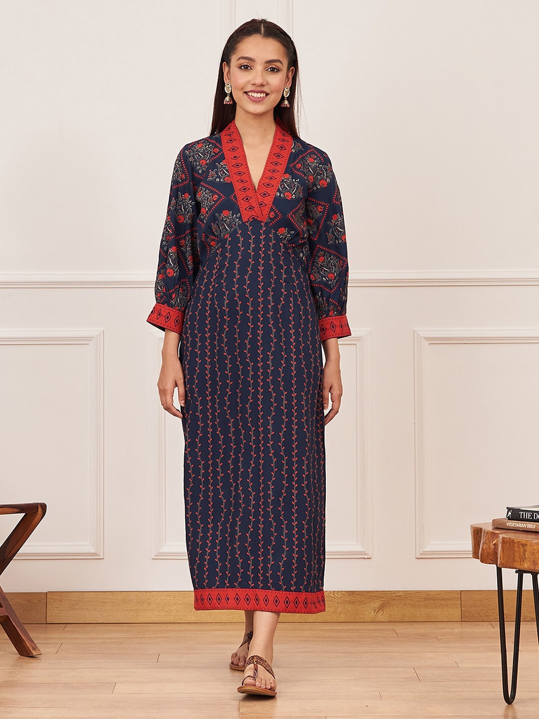 

Rustorange Printed V-Neck A-line Midi Ethnic Dress, Blue