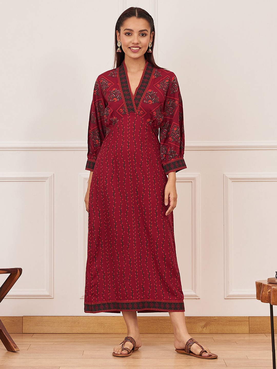 

Rustorange Printed V-Neck A-line Midi Dress, Maroon