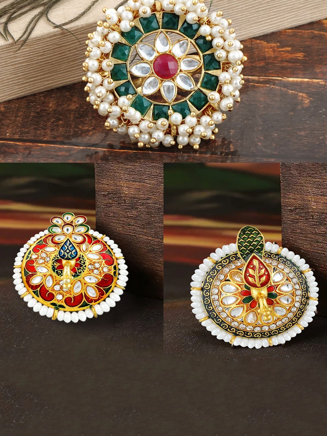

MANSIYAORANGE Set Of 3 Gold-Plated Kundan-Studded Adjustable Finger Ring