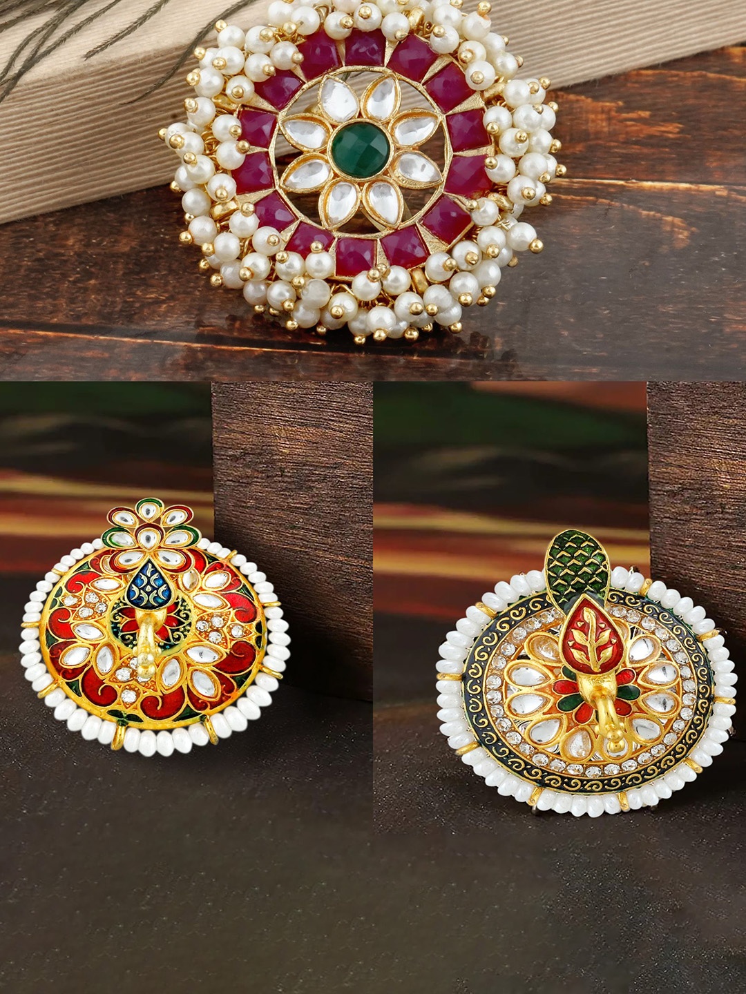 

MANSIYAORANGE Set Of 3 Gold-Plated Kundan-Studded Pearl Beaded Finger Rings