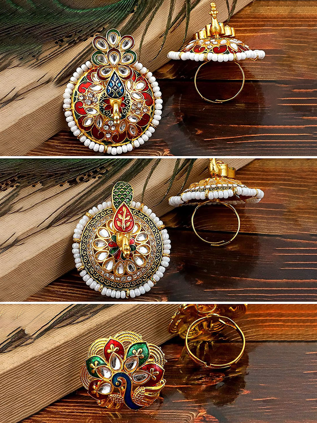 

MANSIYAORANGE Set of 3 Gold-Plated Stone-Studded Finger Rings