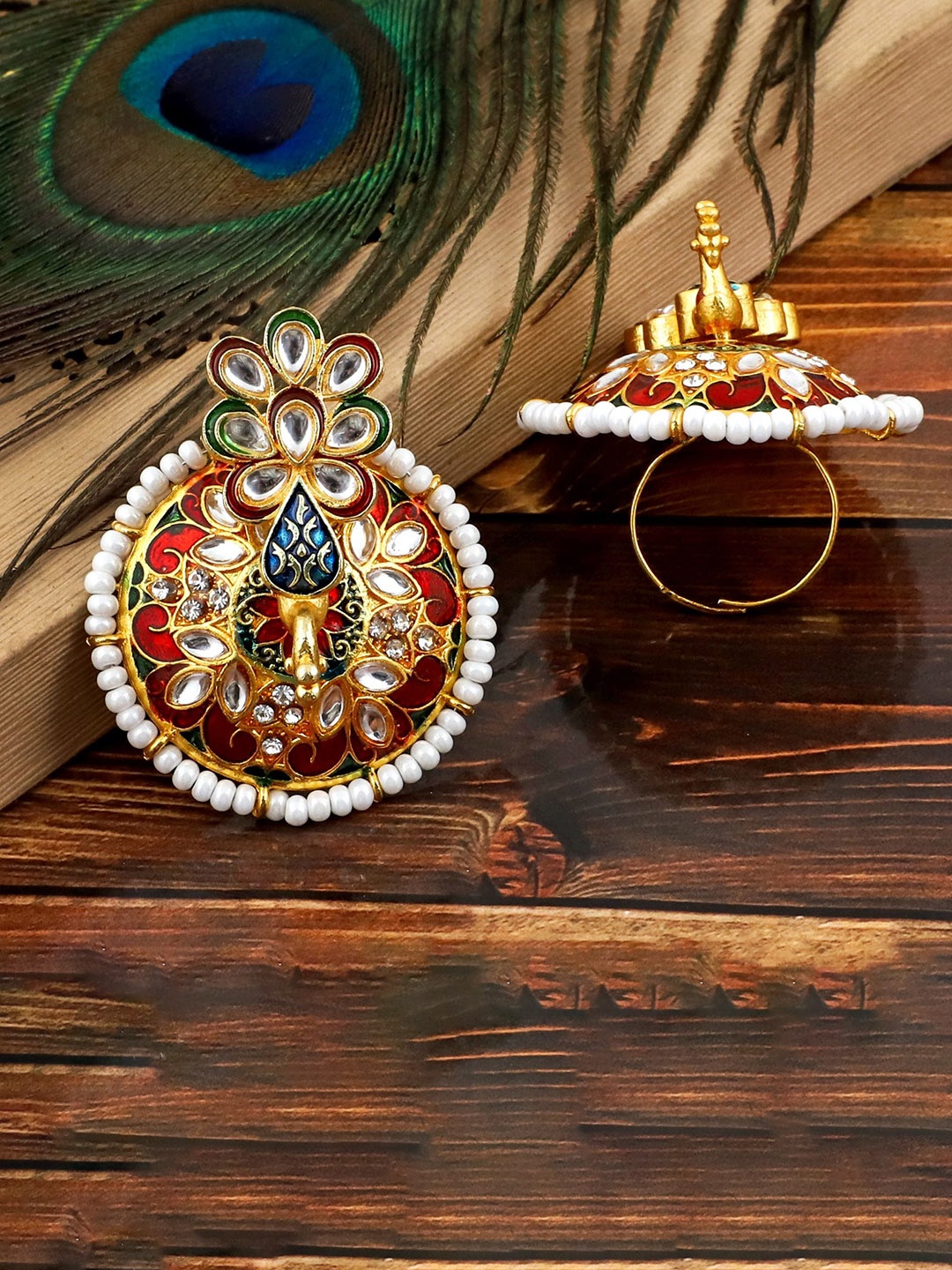 

MANSIYAORANGE Set Of 3 Gold-Plated & Stone-Studded Adjustable Finger Rings