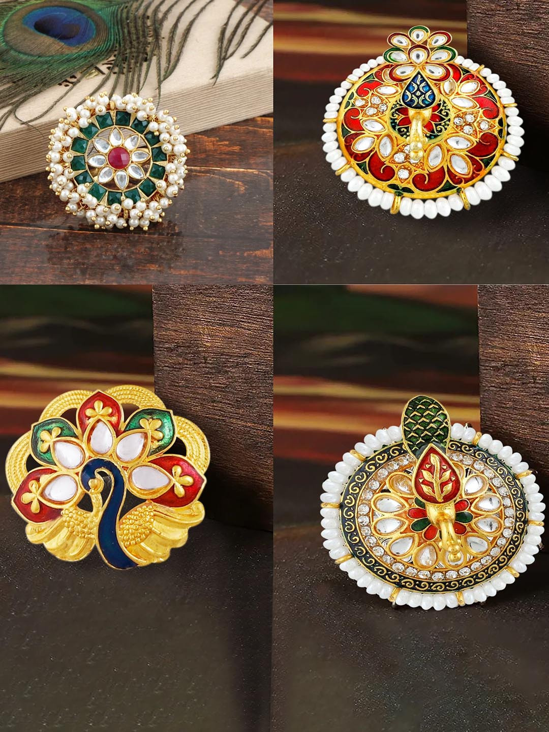 

MANSIYAORANGE Set Of 4 Gold-Plated Kundan-Studded Adjustable Finger Rings