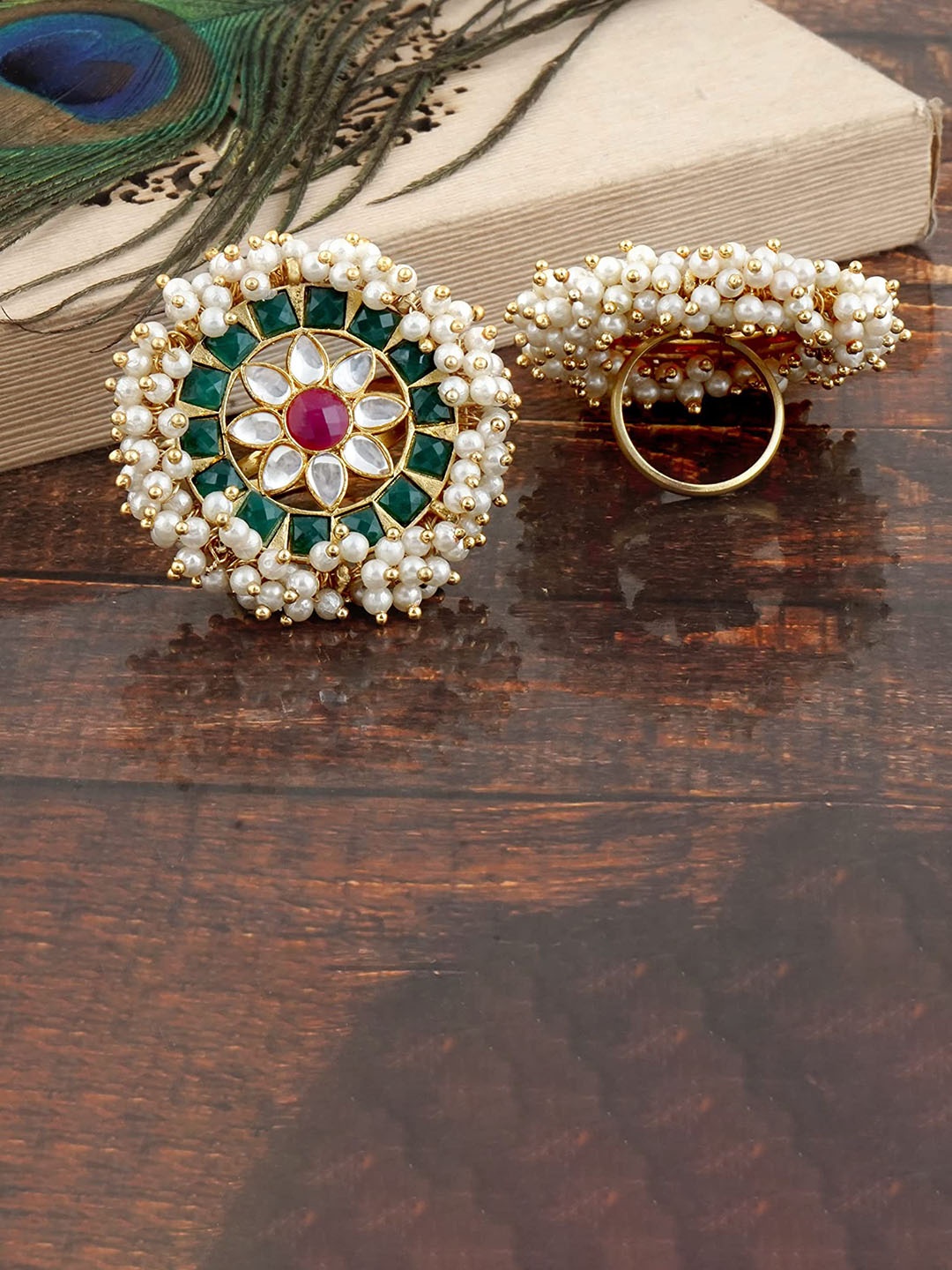 

MANSIYAORANGE Gold-Plated Kundan-Studded Pearls Finger Ring