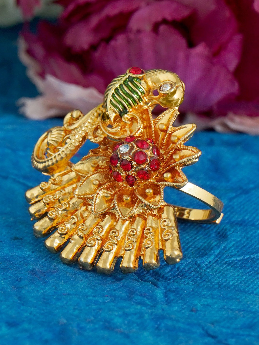 

MANSIYAORANGE Gold-Plated Stone Studded Peacock-Design Adjustable Finger Ring