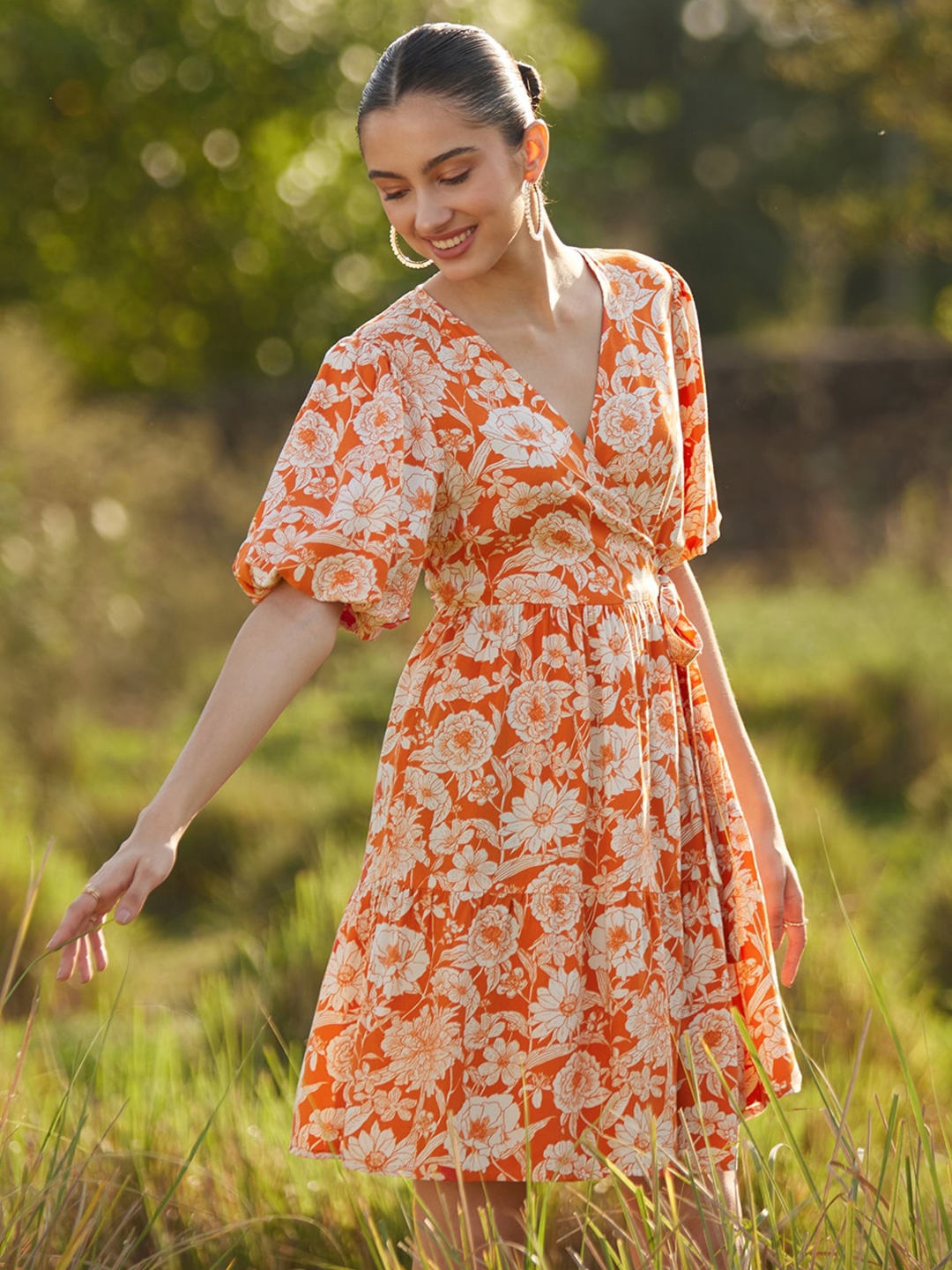 

Femella Floral Printed Tie Up Wrap Dress, Orange