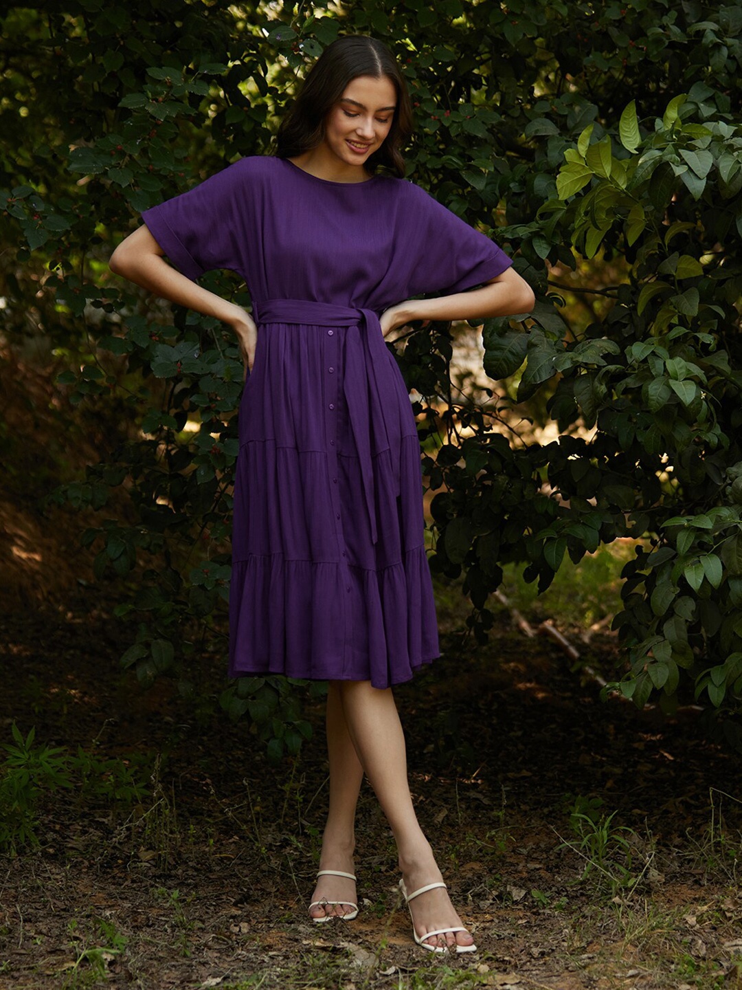 

Femella Extended Sleeves Tiered Fit & Flare Midi Dress With Belt, Purple
