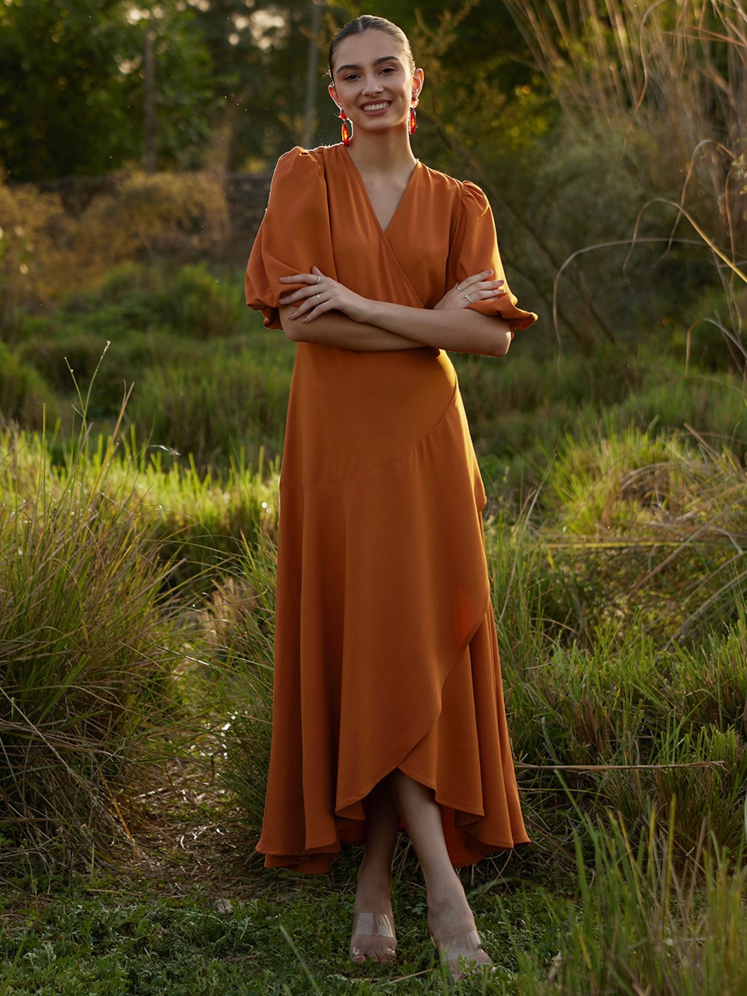 

Femella Puff Sleeves Tulip Hem Fit & Flare Maxi Dress, Rust