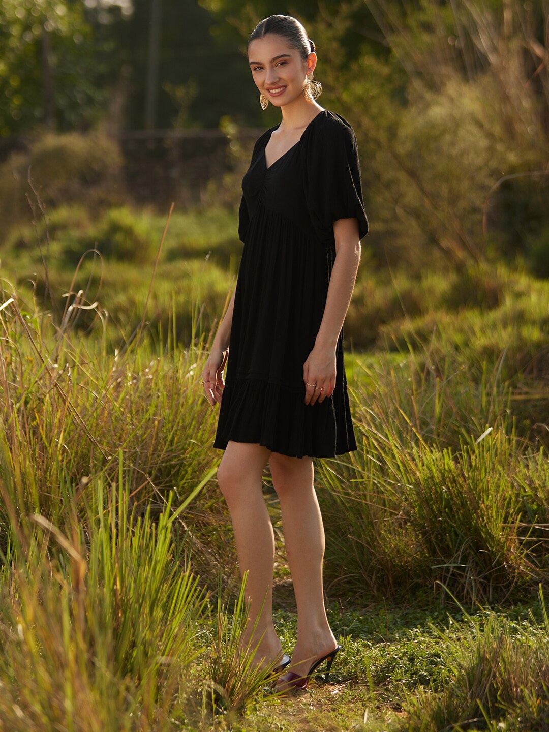 

Femella Sweetheart Neck Crepe A-Line Dress, Black