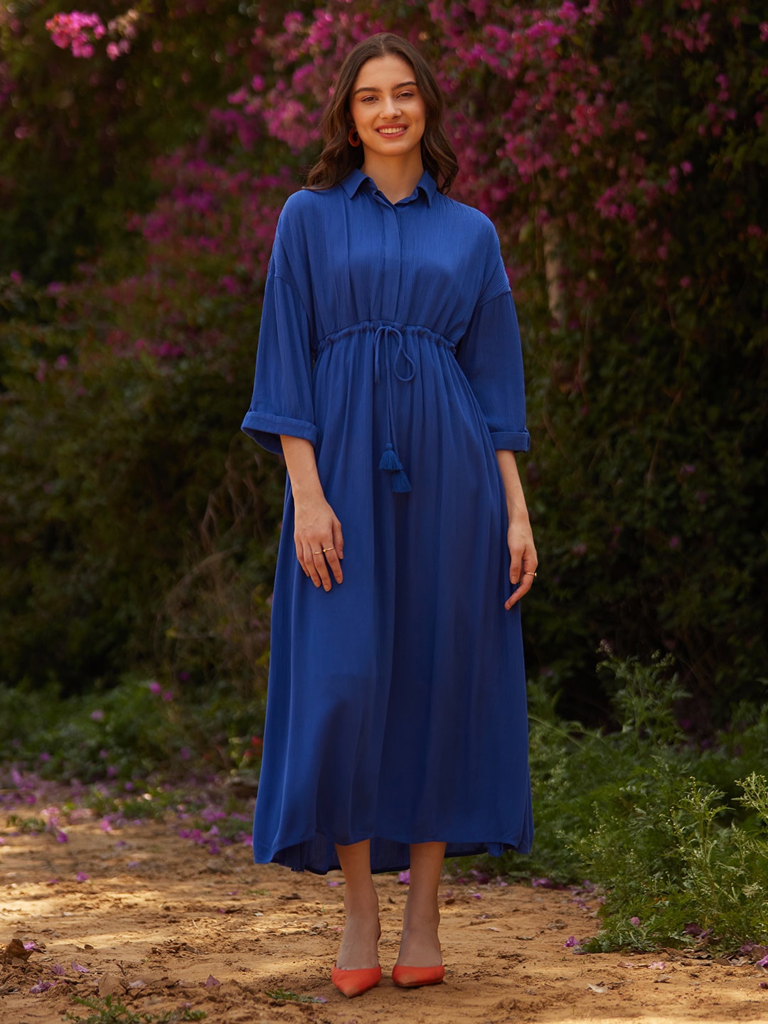 

Femella Shirt Collar Crepe A-Line Midi Dress, Blue