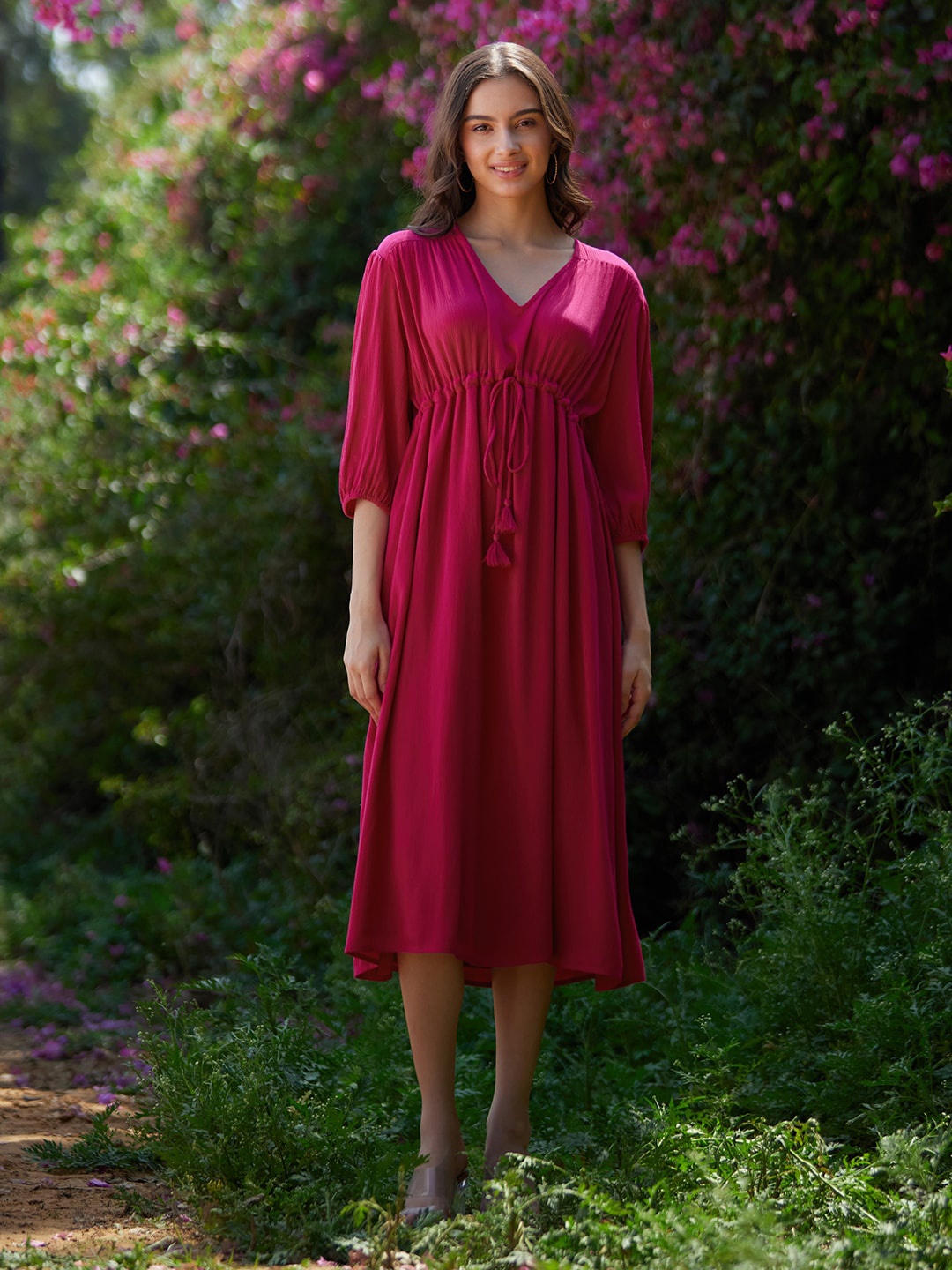 

Femella V-Neck Crepe A-Line Dress, Pink