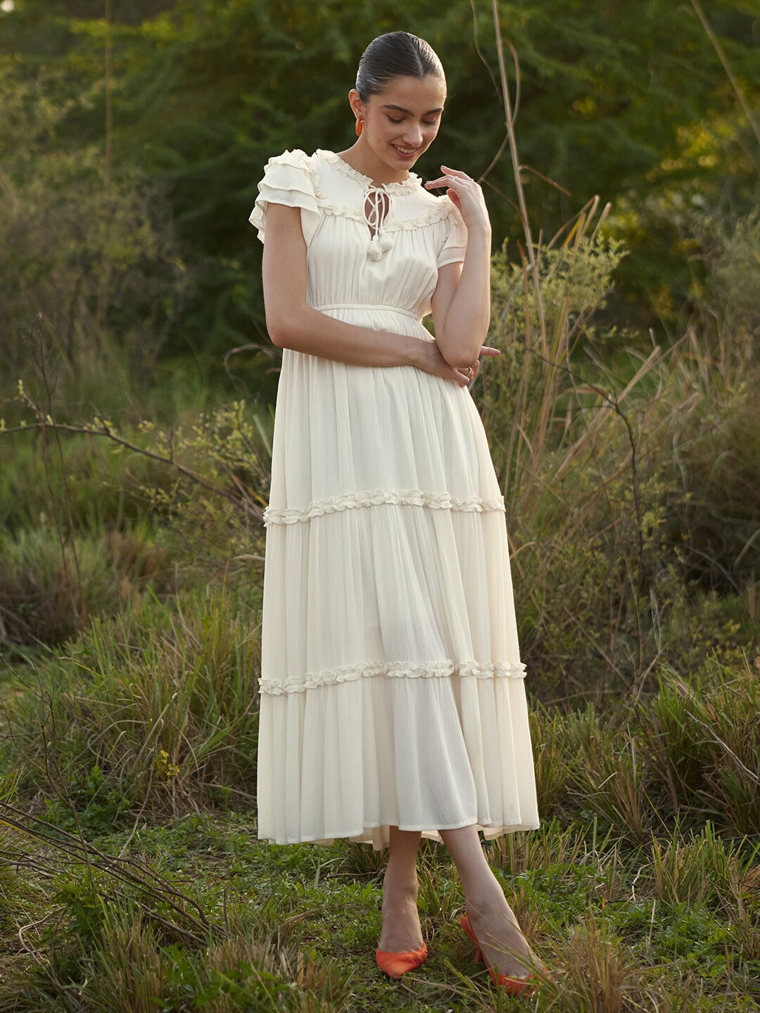 

Femella Tie-Up Neck Flutter Sleeve Crepe Fit & Flare Maxi Dress, Off white