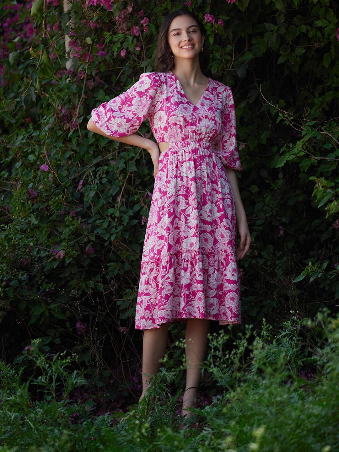 

Femella Floral Printed Cut-Out Fit & Flare Dress, Pink