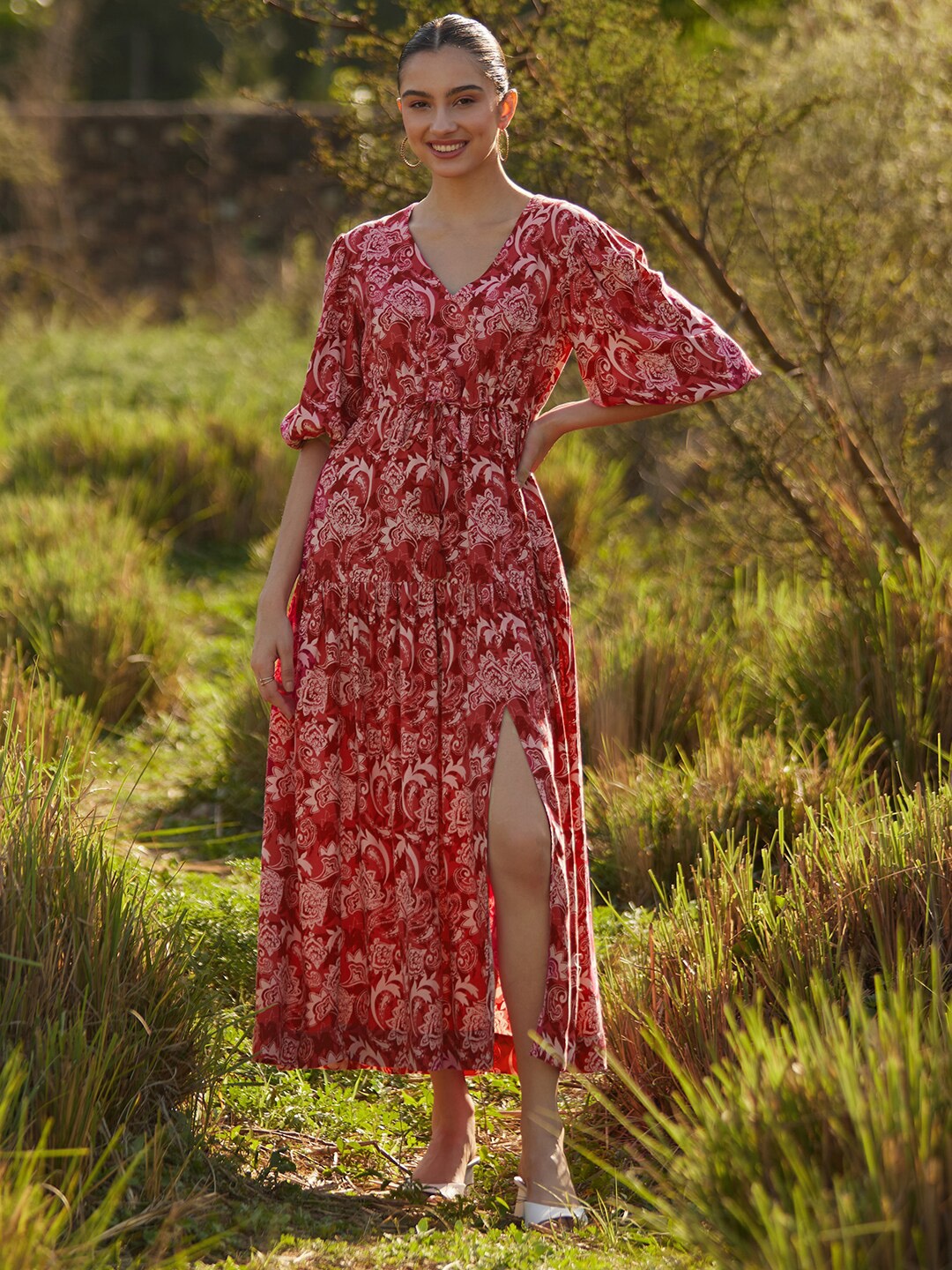 

Femella Floral Printed Tiered Fit & Flare Maxi Dress, Red