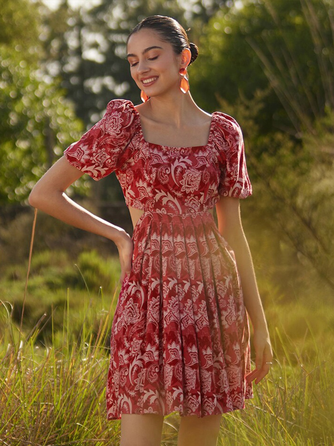 

Femella Ethnic Motifs Printed Cut Out Fit And Flare Dress, Red