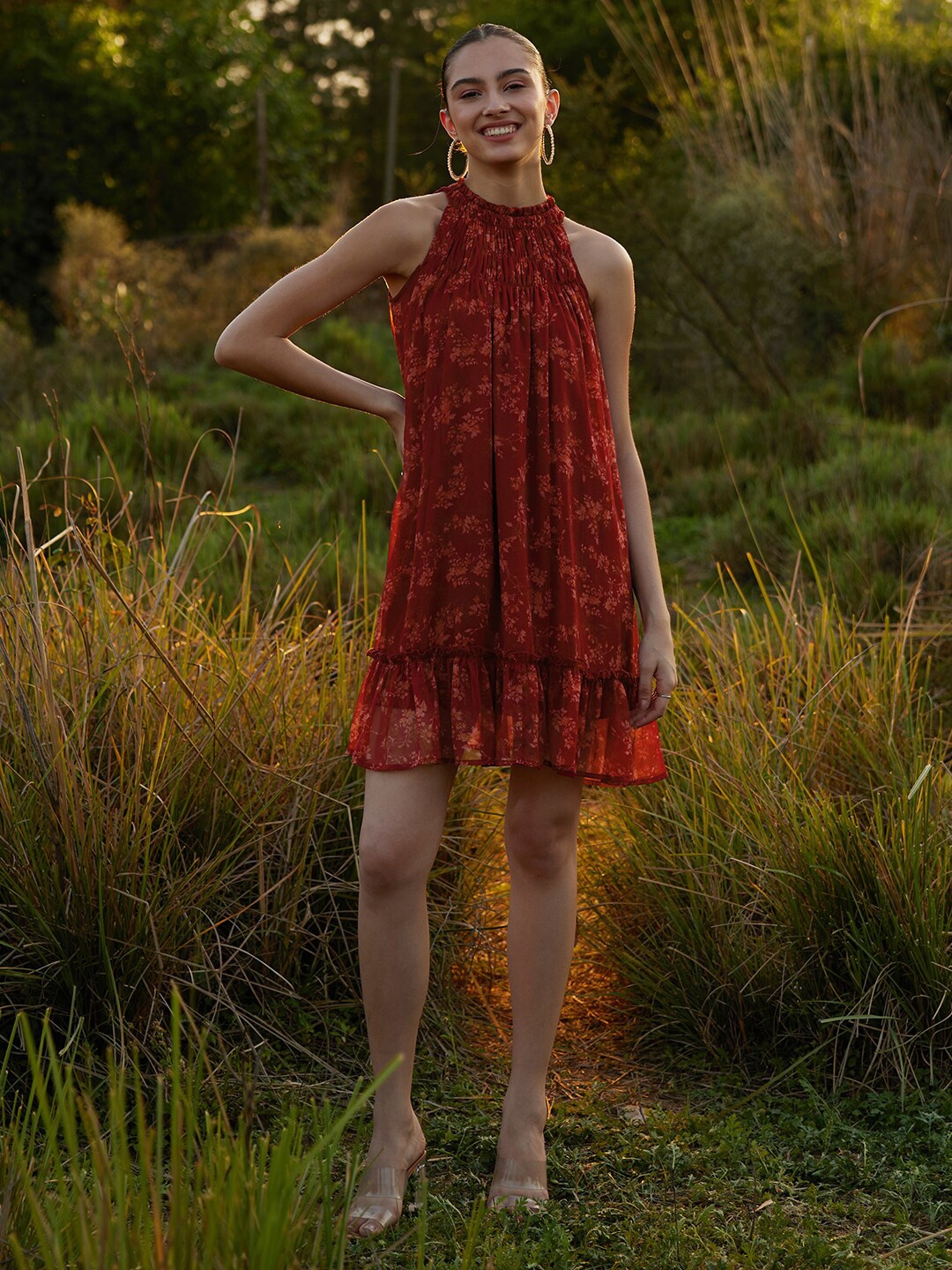 

Femella Halter Neck Chiffon A-Line Dress, Red