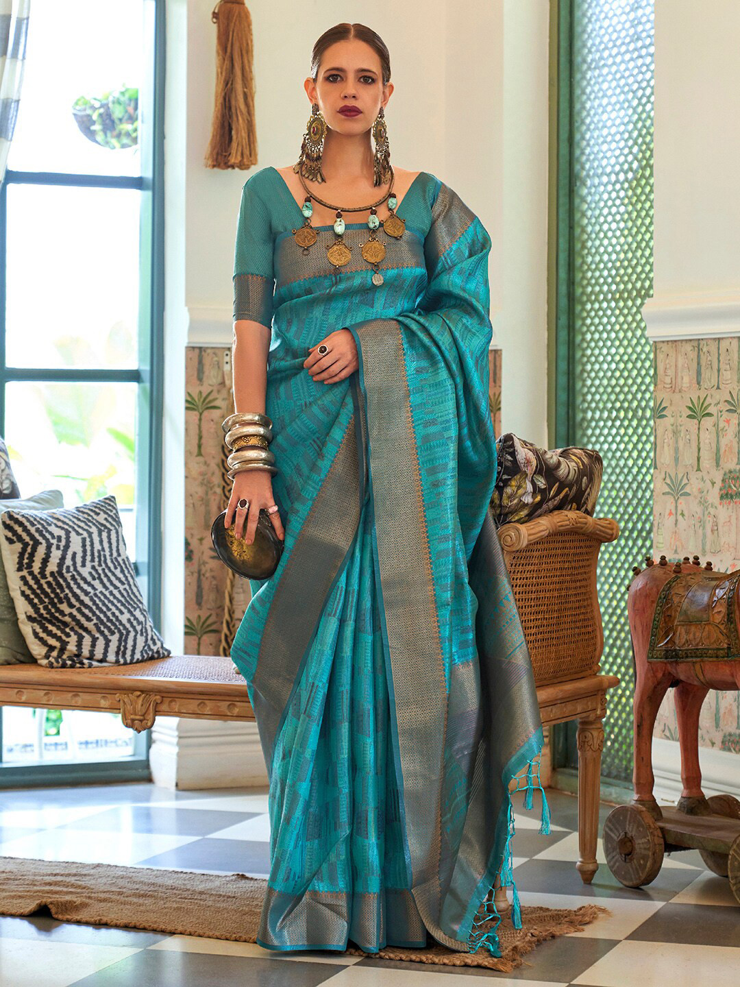 

Saree mall Blue & Gold-Toned Geometric Woven Design Zari Organza Banarasi Sarees