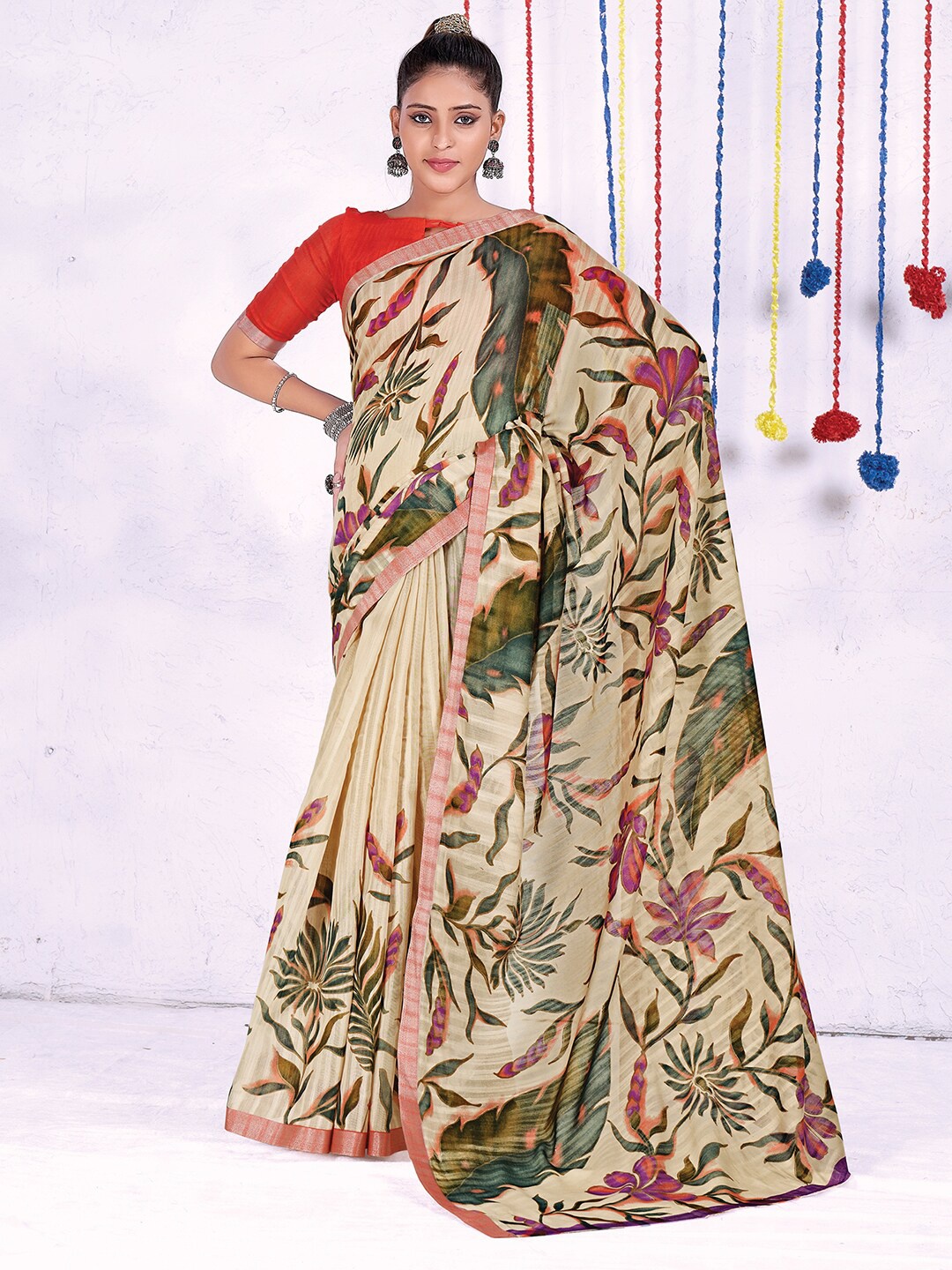 

Saree mall Cream-Coloured & Green Floral Block Printed Sarees