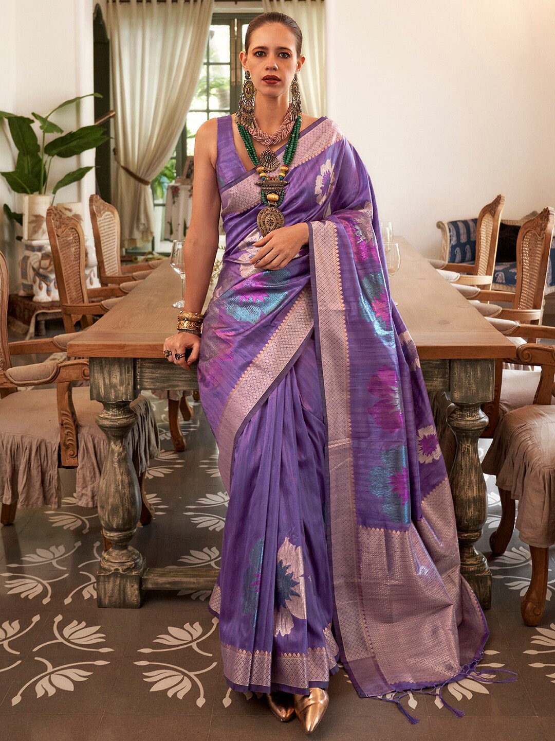 

Saree mall Lavender & Purple Floral Woven Design Zari Banarasi Sarees