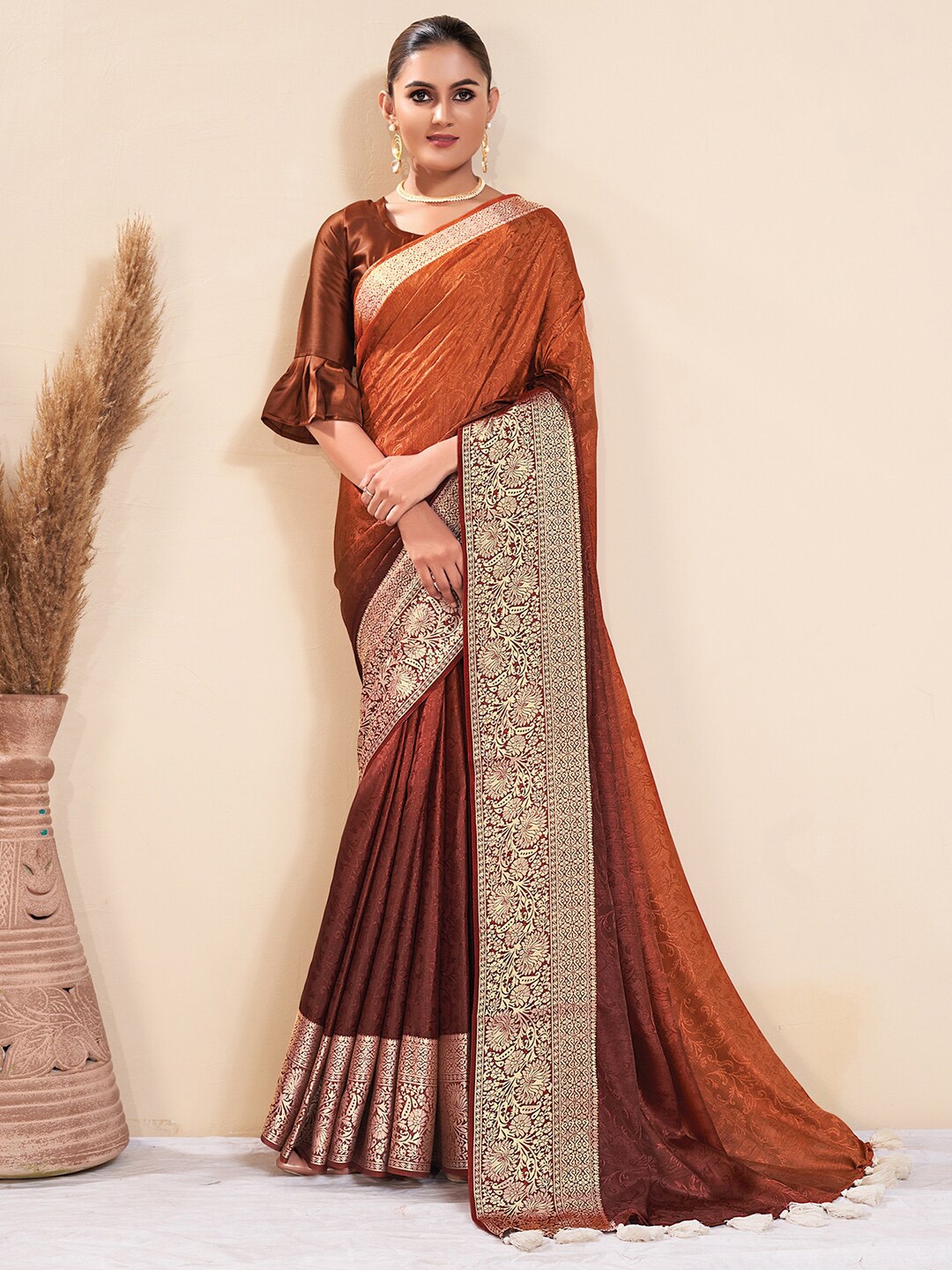 

Saree mall Brown & Gold-Toned Ethnic Motifs Woven Design Zari Sungudi Sarees