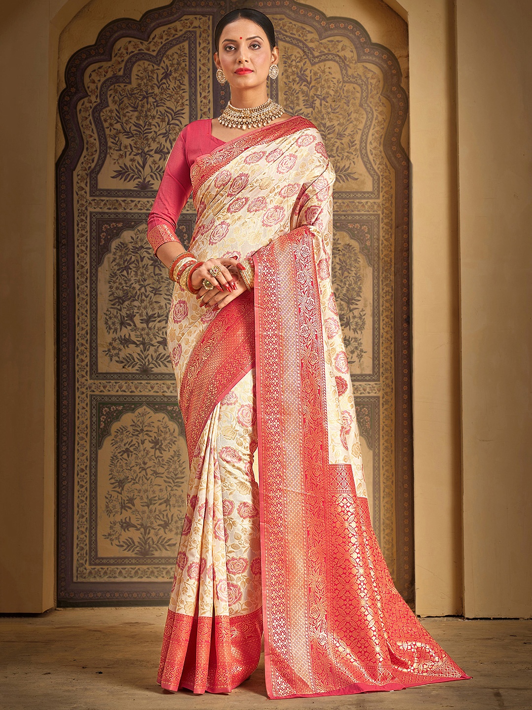 

Saree mall Cream-Coloured & Pink Ethnic Motifs Woven Design Zari Kanjeevaram Sarees