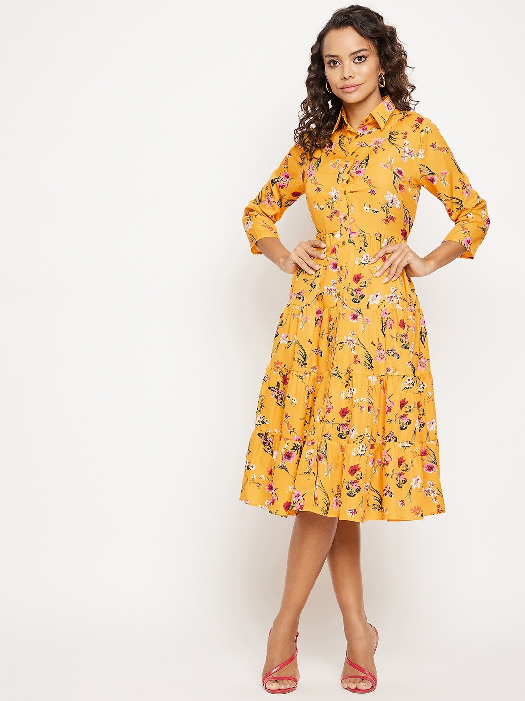 

Uptownie Lite Floral Printed Tiered Crepe A-Line Midi Dress, Yellow
