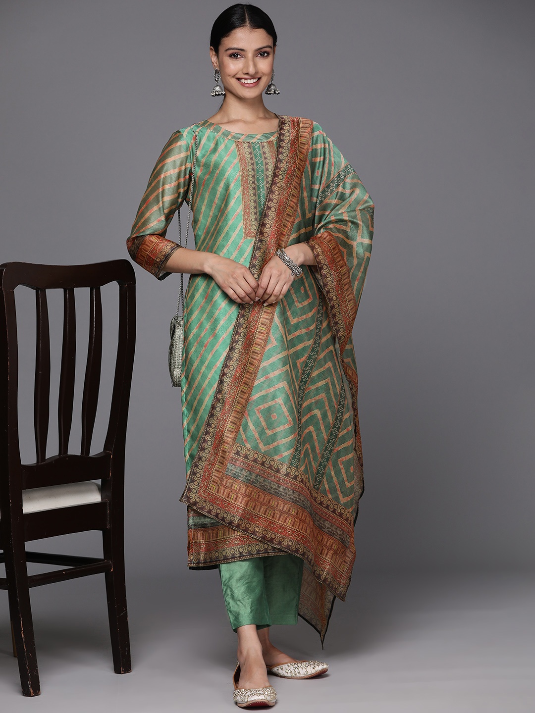 

Varanga Women Leheriya Striped Gotta Patti Kurta with Trousers & Dupatta, Green