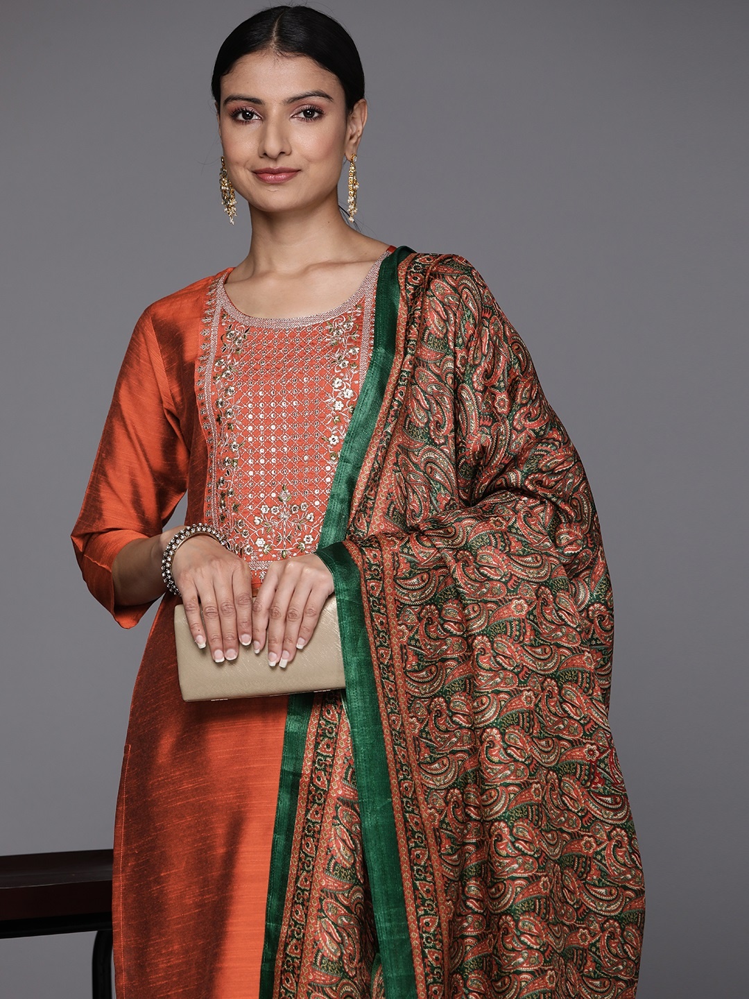 

Varanga Women Floral Yoke Design Embroidered Sequinned Kurta with Trousers & Dupatta, Rust