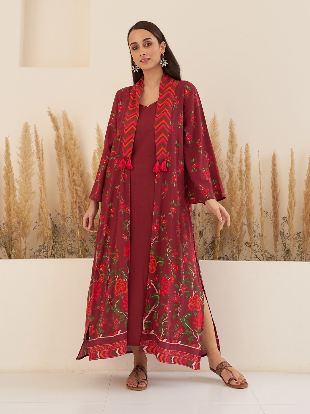 

Rustorange Shoulder Strap A-Line Maxi Ethnic Dress With Printed Long Shrug, Maroon