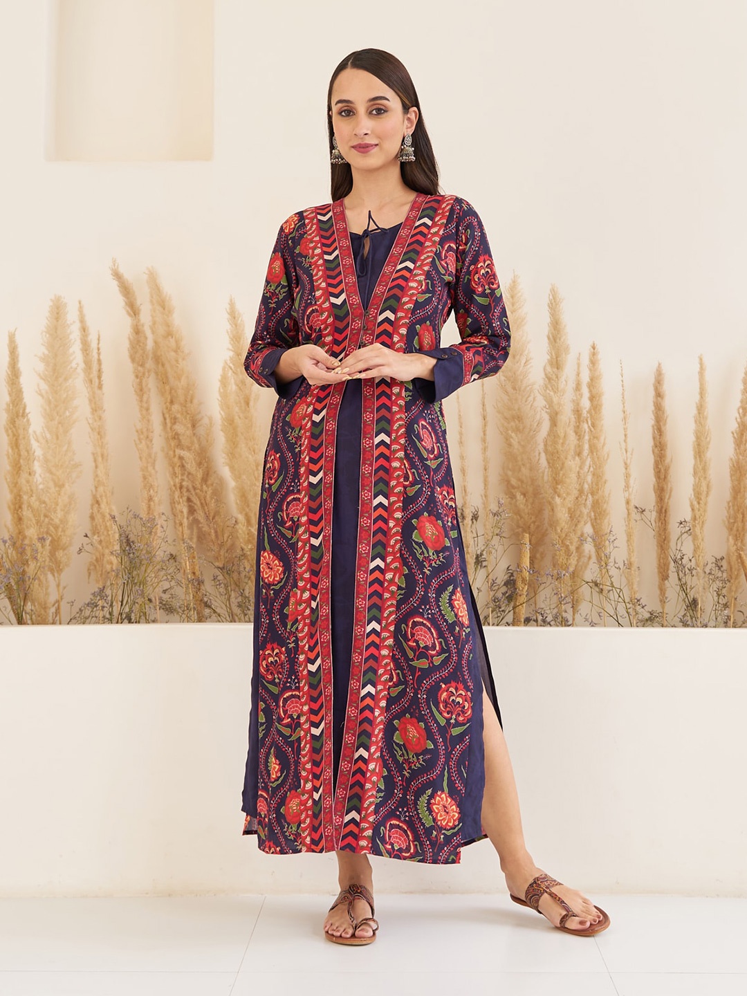 

Rustorange Ethnic Motifs Printed A-Line Maxi Ethnic Dress With Long Shrug, Navy blue