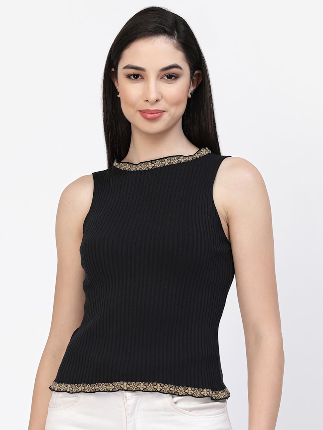 

Kalt Self Design Round Neck Sleeveless Top, Black